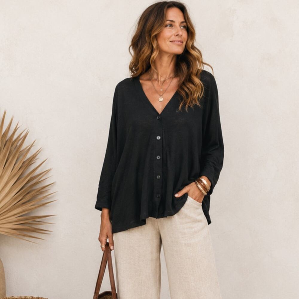 Susan Graver Weekend Button-Up Top Black Soft Rayon Size 2XL Minimalist Casual